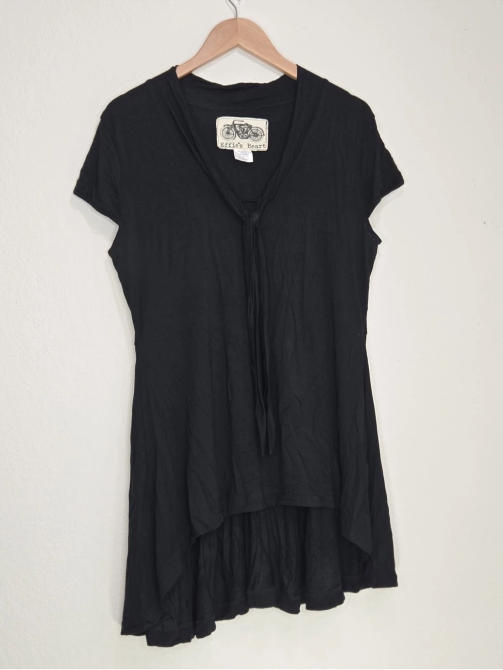 Effies Heart Top Black V Neck Tie Tunic Lagenlook Boho Size XL Womens